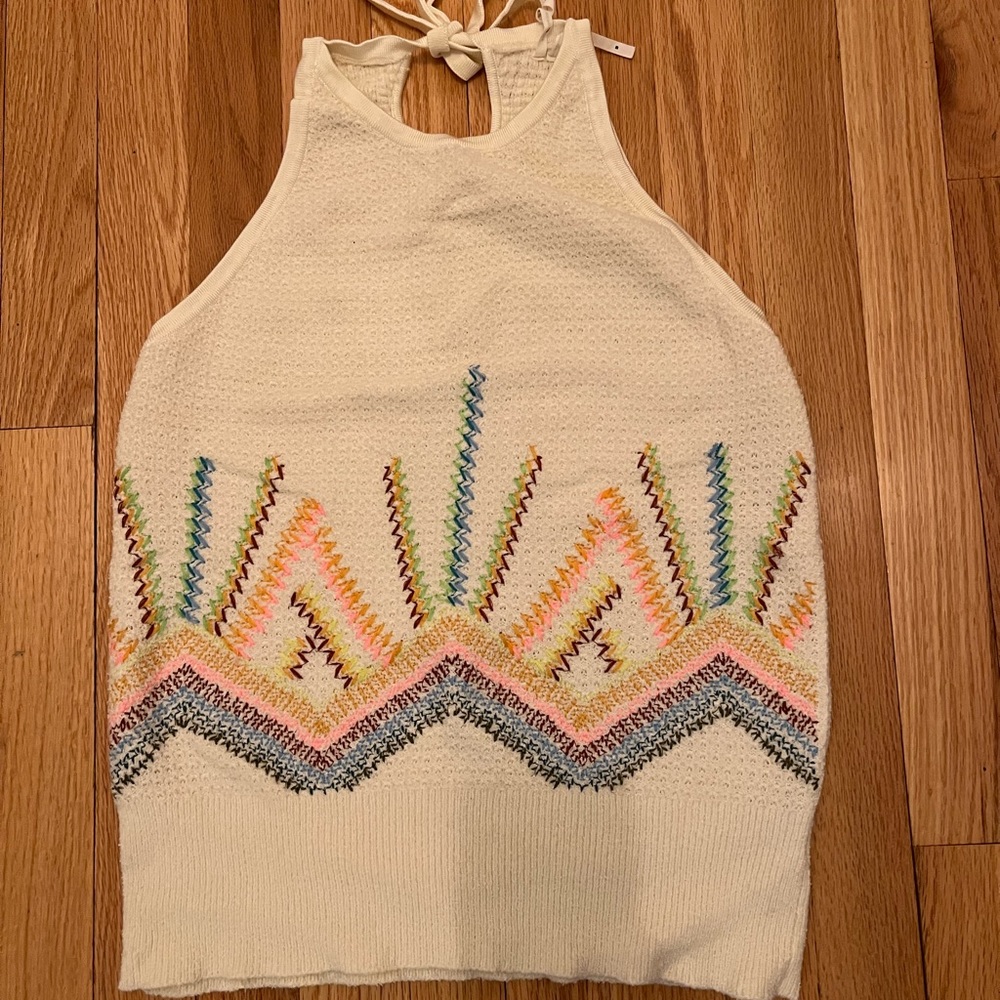 Anthropologie Pink and Cream Embellished Tie Front Tank Top